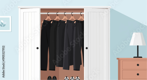 Open closet with black pants hanging, a bedside table with a lamp