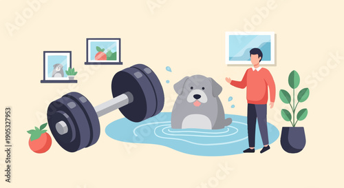 Man watches dog swim in a puddle next to weights