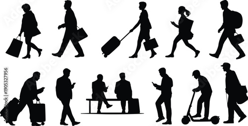 People walking and traveling silhouette collection with luggage smartphone commuter poses isolated on white background urban lifestyle illustration concept set