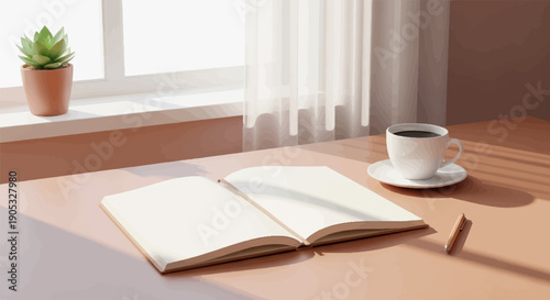 Open book and coffee cup on a desk in soft sunlight