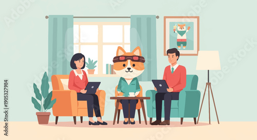 People and dog character in a meeting setting