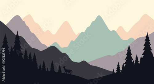 Minimalist mountain range with trees and a lone deer silhouette