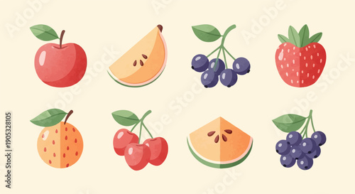 Flat icon set of eight assorted colorful fruits in a grid