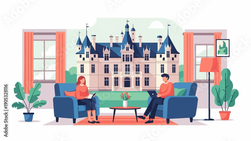 Interior view of a room with a castle scene visible through the window