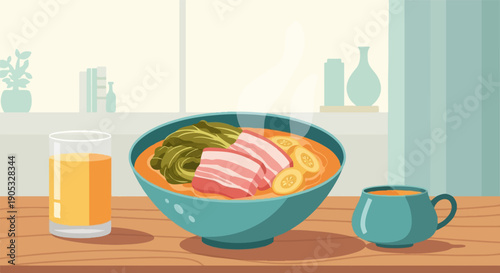 Hot soup with meat and vegetables, juice, and hot drink