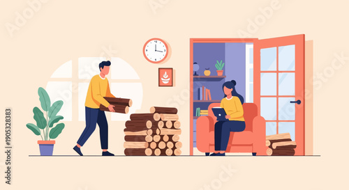 Man carries firewood while woman uses laptop indoors