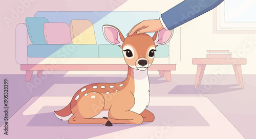 Gentle hand pets a young deer sitting indoors on a rug near furniture
