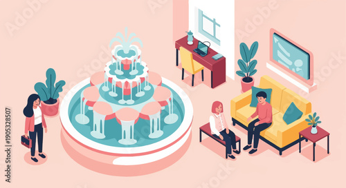Isometric scene with people, fountain, desk, and sofa in a pink room
