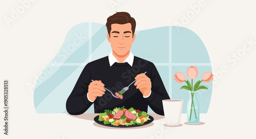 Man enjoying a fresh salad with a side of flowers and a drink