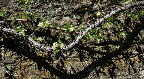 Close up of thorny vine with small white flowers growing on textured surface