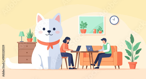 Giant cat supervises people working on laptops at home with plants and furniture