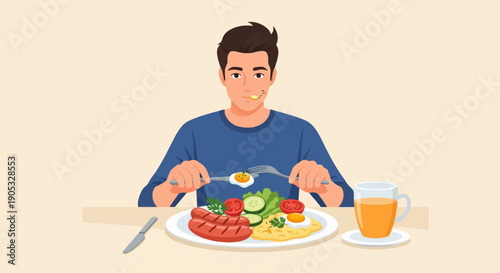 Man eating breakfast with sausages, eggs, salad and juice