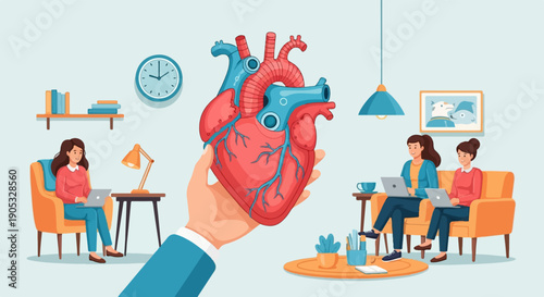 Human heart held aloft by hand, women work on laptops indoors