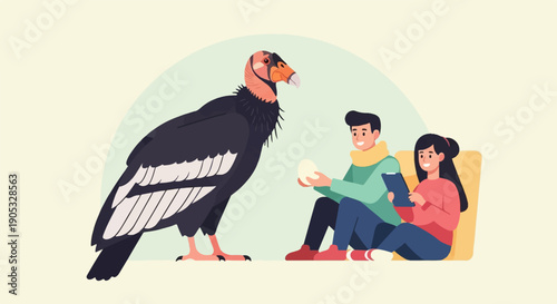 Giant bird and people observing an egg in a simple illustration