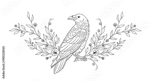 Detailed Line Art Illustration of a Raven Perched Amidst Foliage.