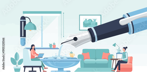 Giant fountain pen pours ink into a room with people working and relaxing