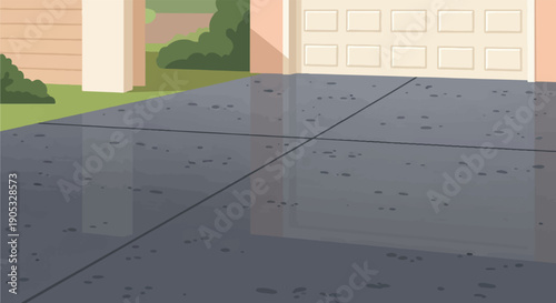 Flat illustration of a garage entrance and driveway with segmented door