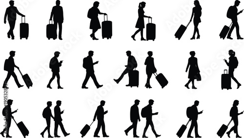 Traveler people silhouette collection walking with luggage and smartphone isolated on white background, airport travel commuter lifestyle illustration concept set