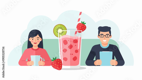 Flat illustration of a man and woman with a strawberry smoothie