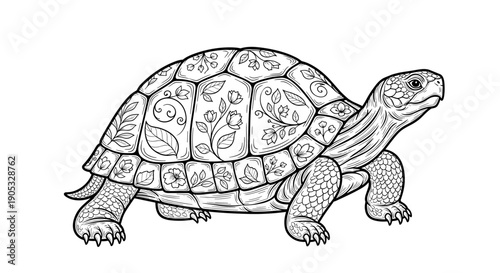 Detailed Line Art Illustration of a Tortoise with Floral Patterns.