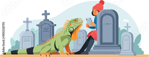 Girl on phone near iguana in graveyard