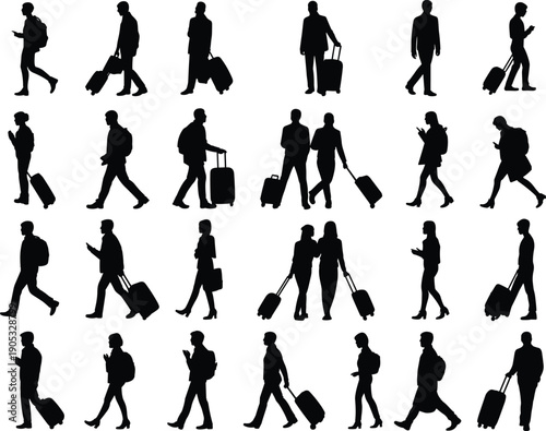 Traveler people silhouette collection walking with luggage and smartphone isolated on white background airport travel commuter lifestyle illustration concept set