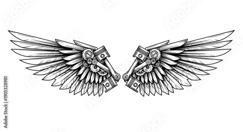 Detailed Mechanical Wings Illustration with Piston Details.