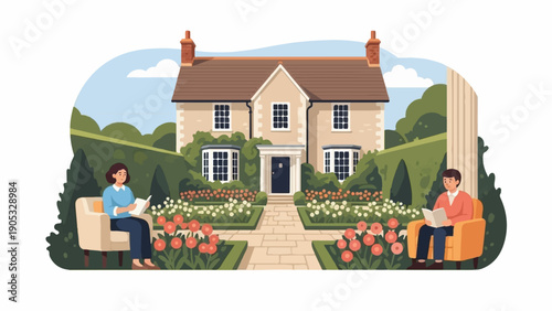 Idyllic scene of a family reading outside their charming home and garden