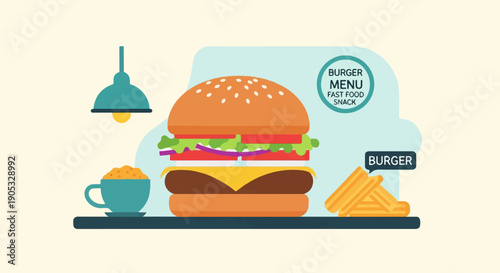 Illustrated burger, fries, and a drink with text labels