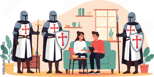 Knights guard couple in living room, holding shields and spears