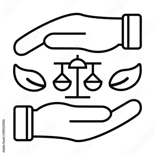 Outline illustration depicting two hands protecting a balance scale flanked by two leaves, symbolizing environmental justice and ecological balance.