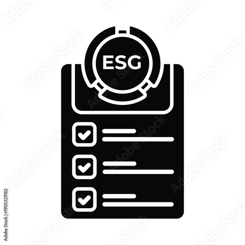 Black icon representing ESG criteria checklist on a clipboard, symbolizing environmental, social, and governance assessment and compliance in business.
