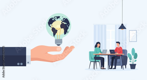 Global idea lightbulb held in hand over people working on laptops