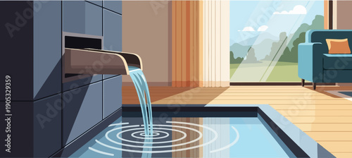 Modern room with pool and large window overlooking green scenery