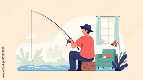 Man fishes indoors, seated on a stool, with a dog watching