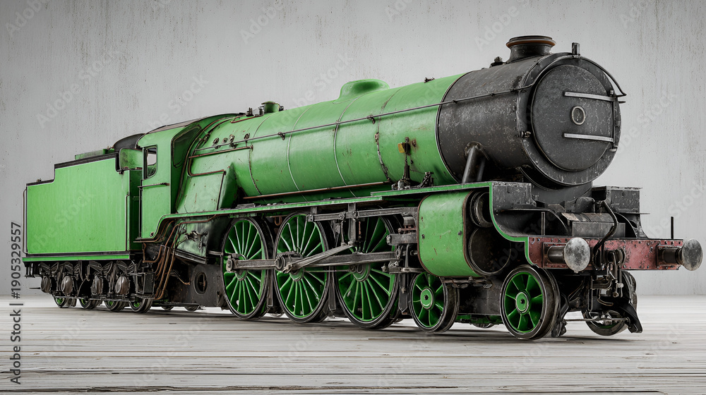 Fototapeta premium A vintage green steam locomotive on a gray background