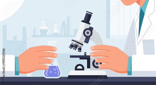 Hands working in a laboratory with a microscope and flask