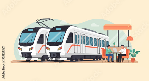 Modern trains at station with people working at a table