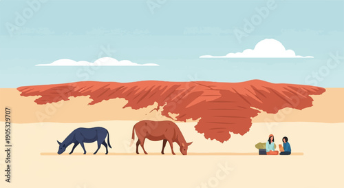 Outback landscape with two cows grazing and people picnicking under a rock formation