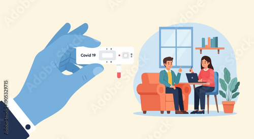 Gloved hand holds COVID-19 test, couple consults laptop indoors