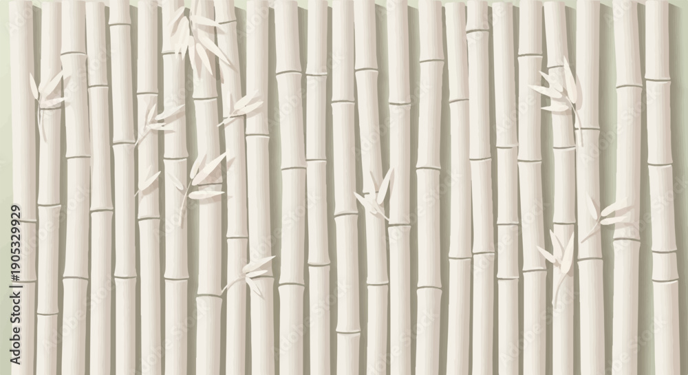 Fototapeta premium Pale bamboo stalks create a vertical pattern with subtle leafy accents
