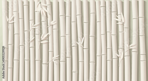 Pale bamboo stalks create a vertical pattern with subtle leafy accents
