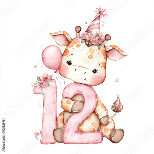 Cute watercolor baby giraffe sitting next to number twelve, girly pink illustration for twelfth birthday party, nursery wall art, and children birthday decor.