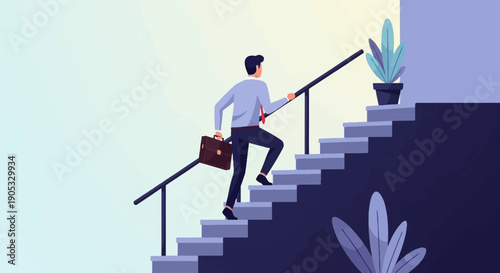 Man in formal wear climbs stairs with briefcase, ascending towards bright sky