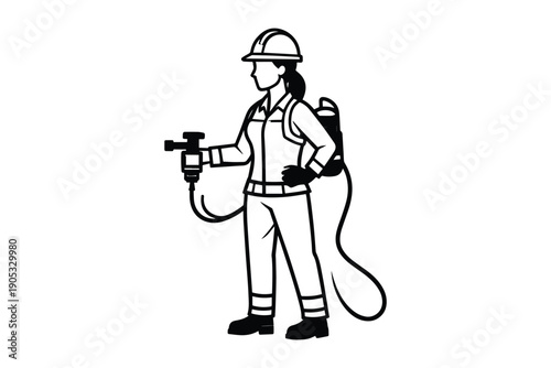 Firefighter woman in hard hat and uniform holding fire hose nozzle on white background