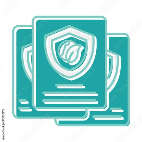 Illustration of multiple teal cards with a shield and leaf icon, representing protection, organic certification, or eco-friendly policies.