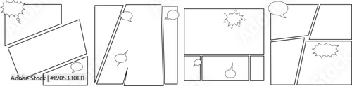 Blank comic book panels and speech bubbles in black and white, ready for your story and dialogue.