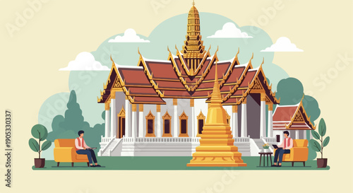 Golden temple architecture with people relaxing in gardens