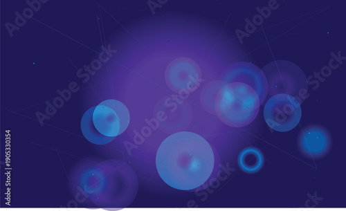 Deep Blue and Purple Abstract Background with Glowing Neon Orbs and Tech Lines for Digital Cyberpunk Aesthetic.