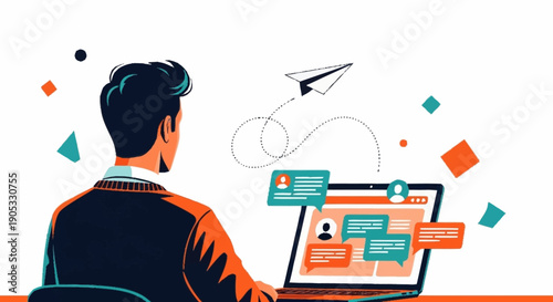 Digital Marketing Concept with Man Sitting at Desk Designing Online Profile Vector Illustration